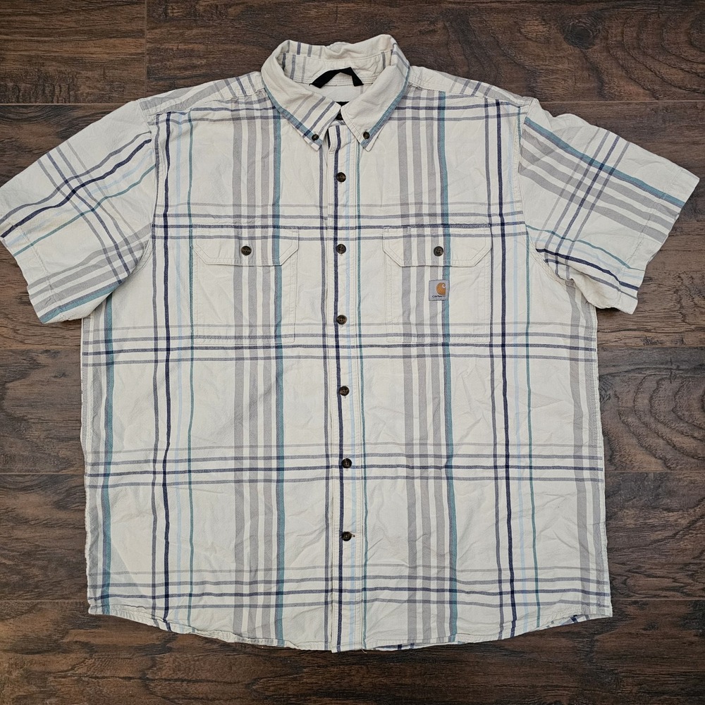 Carhartt Shirt Mens XL Plaid Loose Fit Button Up Short Sleeve Pocket Work Casual